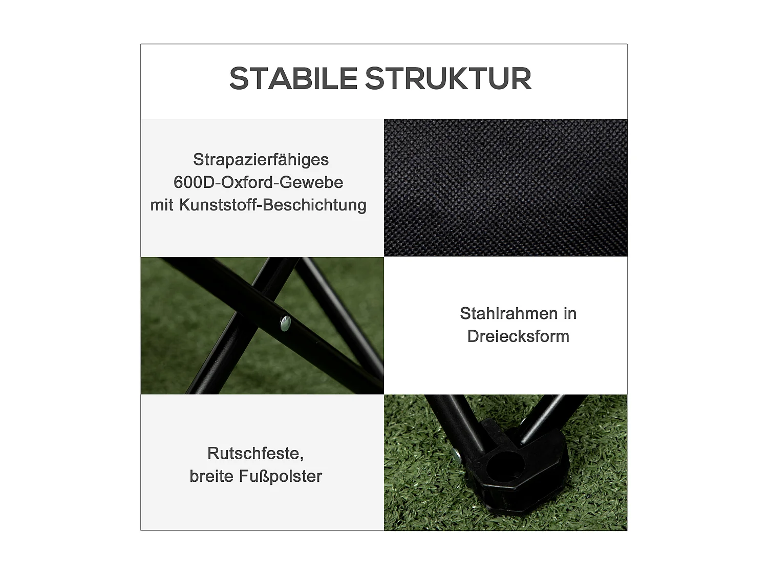 Chaise de camping pliable avec poche latérale, pieds en acier, fauteuil pliant avec sac de transport, pour piscine et plage, Oxford, Noir (61x54x66 cm)