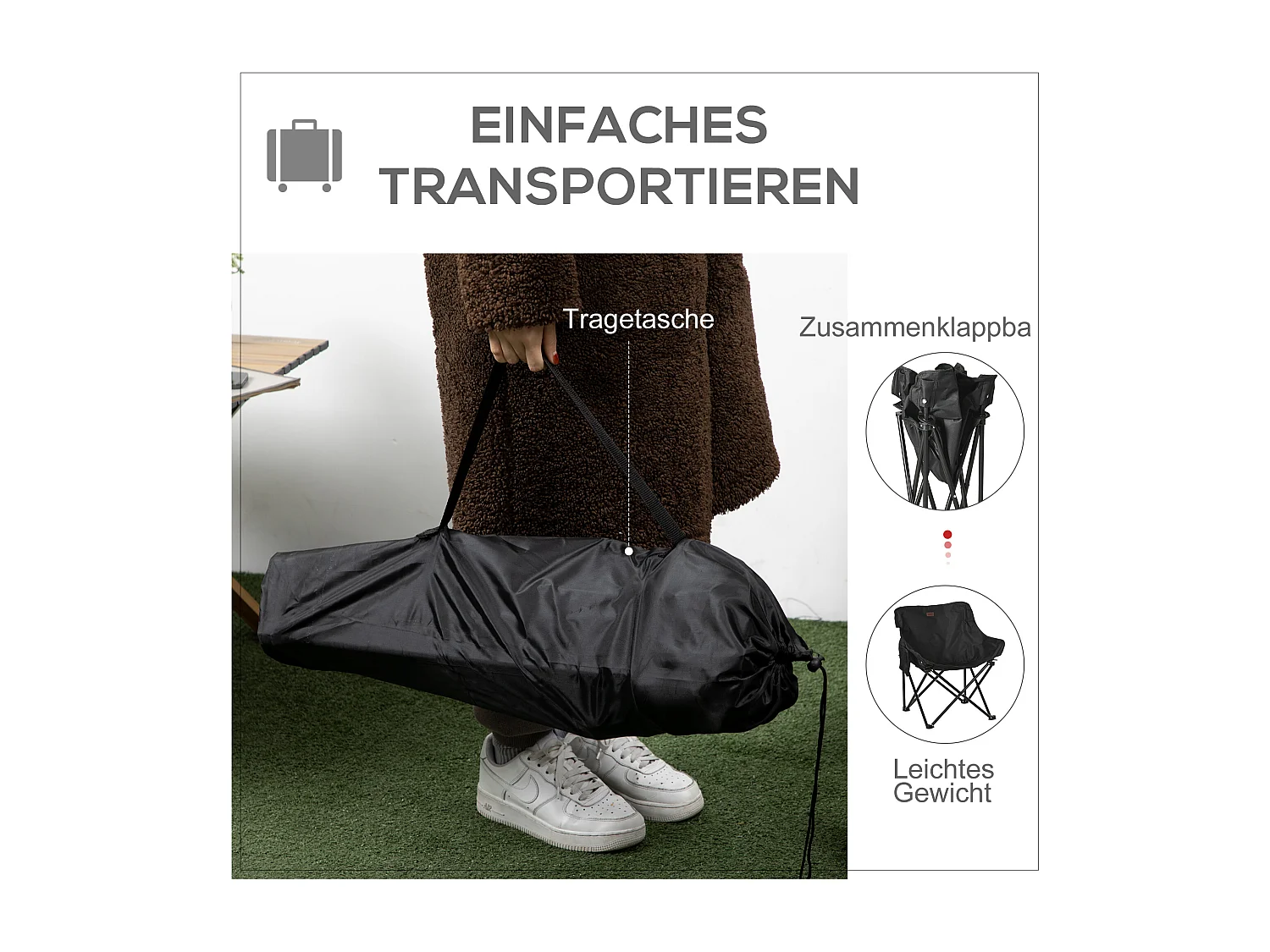 Chaise de camping pliable avec poche latérale, pieds en acier, fauteuil pliant avec sac de transport, pour piscine et plage, Oxford, Noir (61x54x66 cm)