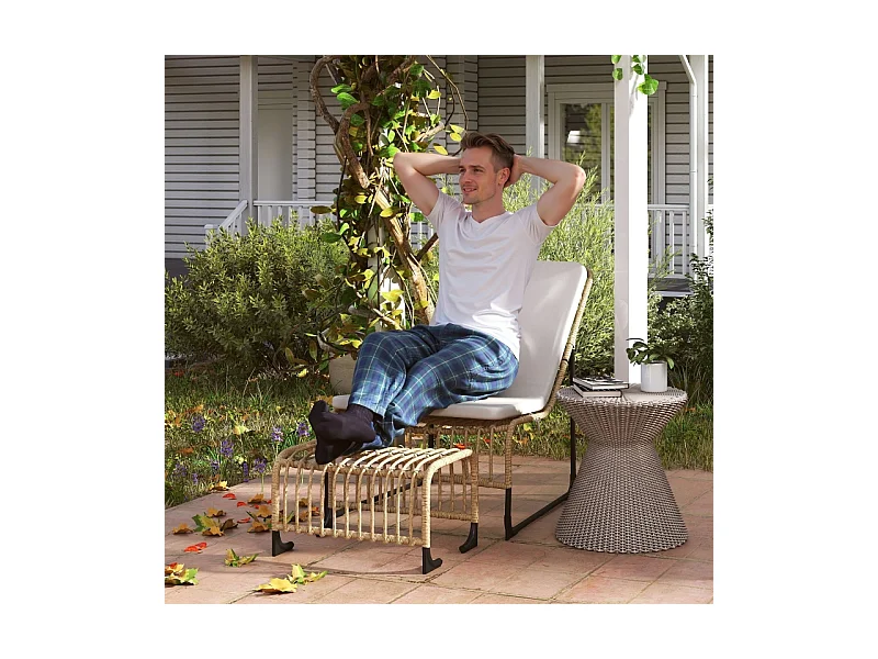 Fauteuil en rattan avec repose-pieds, résistant aux UV, fauteuil de jardin avec coussins, pour terrasse, balcon, bois naturel (93x65x80 cm)