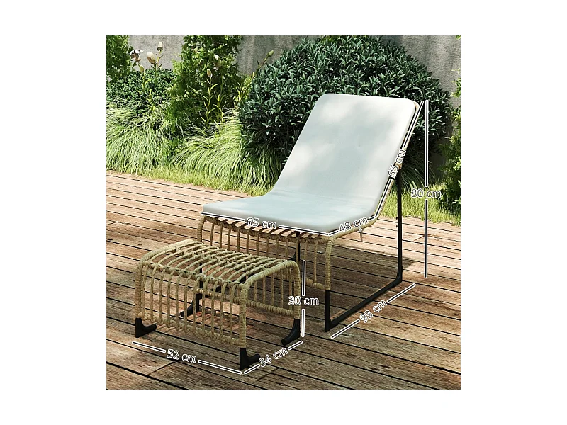 Fauteuil en rattan avec repose-pieds, résistant aux UV, fauteuil de jardin avec coussins, pour terrasse, balcon, bois naturel (93x65x80 cm)