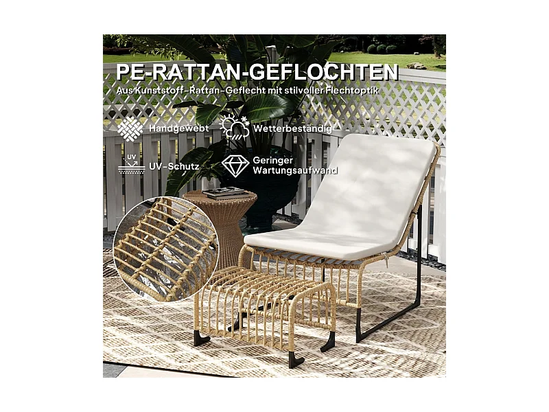 Fauteuil en rattan avec repose-pieds, résistant aux UV, fauteuil de jardin avec coussins, pour terrasse, balcon, bois naturel (93x65x80 cm)