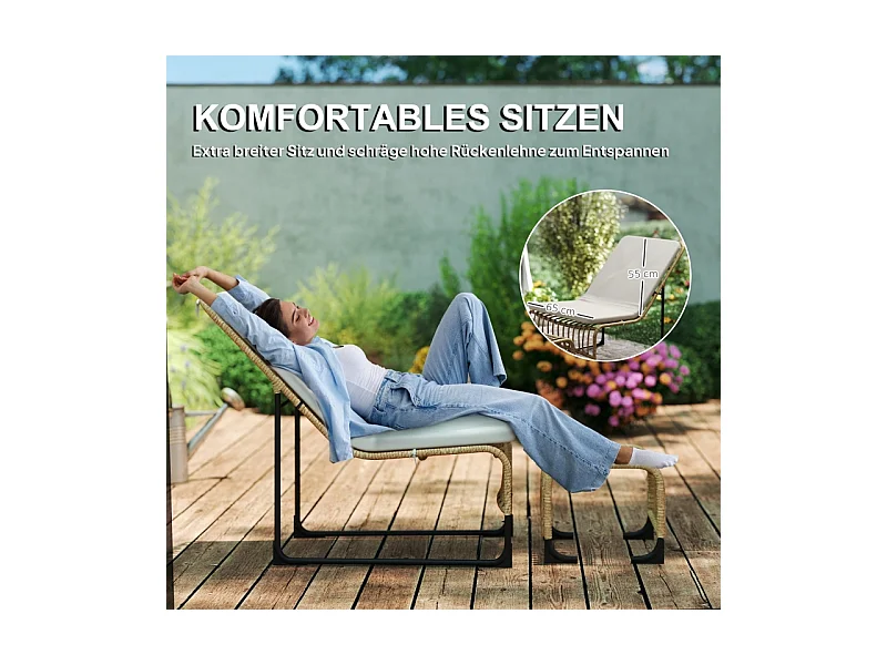 Fauteuil en rattan avec repose-pieds, résistant aux UV, fauteuil de jardin avec coussins, pour terrasse, balcon, bois naturel (93x65x80 cm)