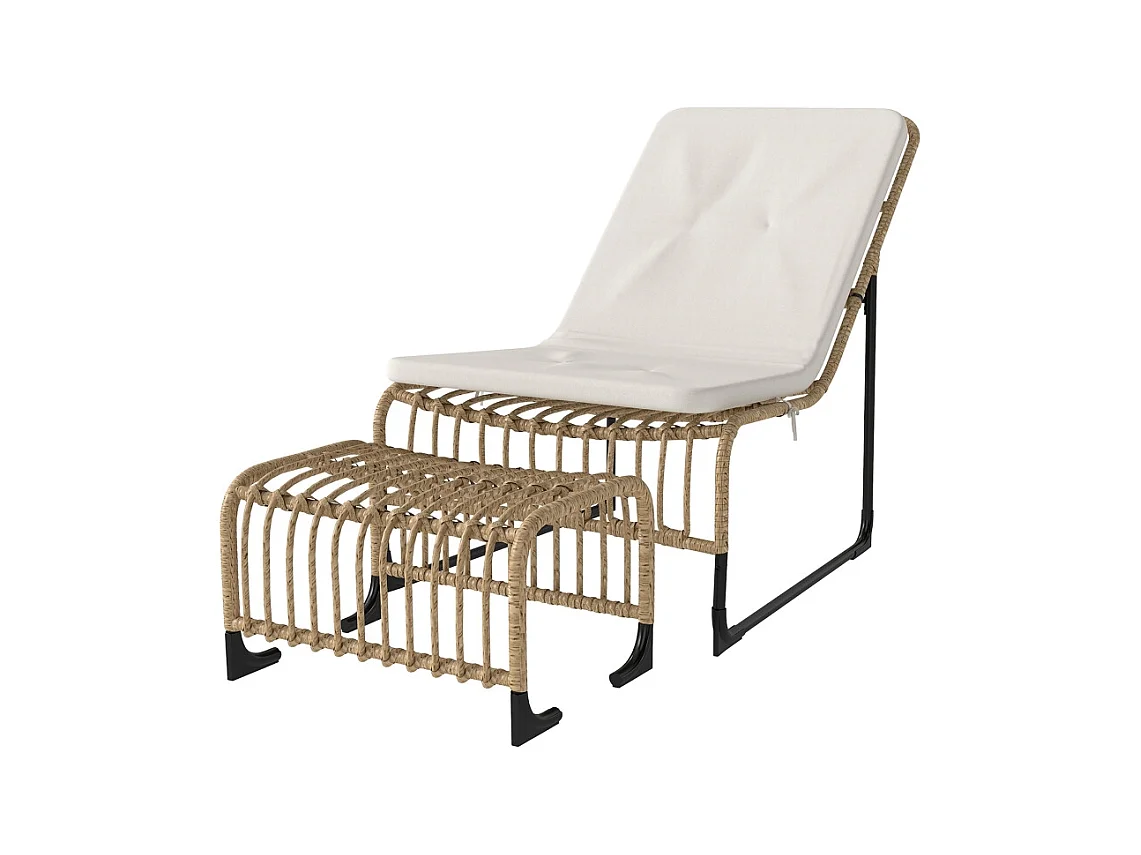 Rotan relaxfauteuil met voetenbank, UV-bestendig, tuinfauteuil met kussens, voor terras of balkon, natuurlijk hout (93x65x80 cm)