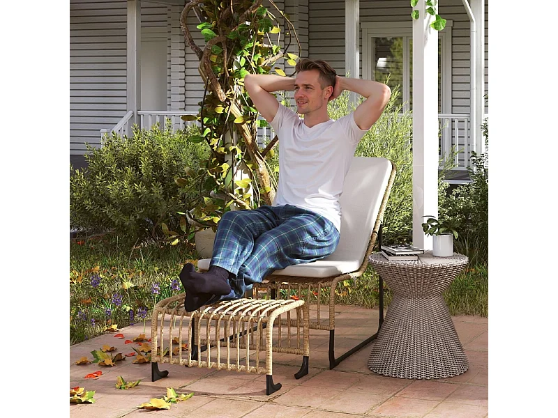 Fauteuil en rattan avec repose-pieds, résistant aux UV, fauteuil de jardin avec coussins, pour terrasse, balcon, bois naturel (93x65x80 cm)