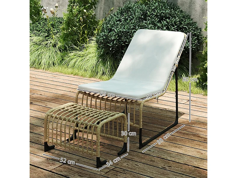Fauteuil en rattan avec repose-pieds, résistant aux UV, fauteuil de jardin avec coussins, pour terrasse, balcon, bois naturel (93x65x80 cm)