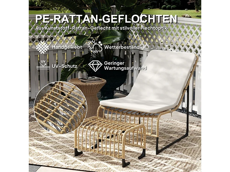 Fauteuil en rattan avec repose-pieds, résistant aux UV, fauteuil de jardin avec coussins, pour terrasse, balcon, bois naturel (93x65x80 cm)