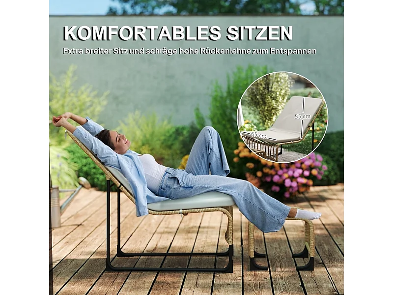 Fauteuil en rattan avec repose-pieds, résistant aux UV, fauteuil de jardin avec coussins, pour terrasse, balcon, bois naturel (93x65x80 cm)