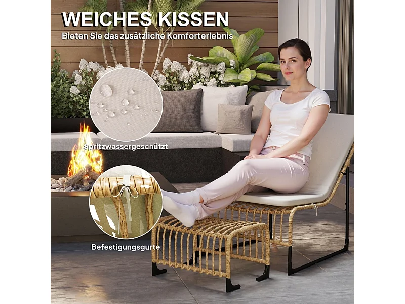 Fauteuil en rattan avec repose-pieds, résistant aux UV, fauteuil de jardin avec coussins, pour terrasse, balcon, bois naturel (93x65x80 cm)