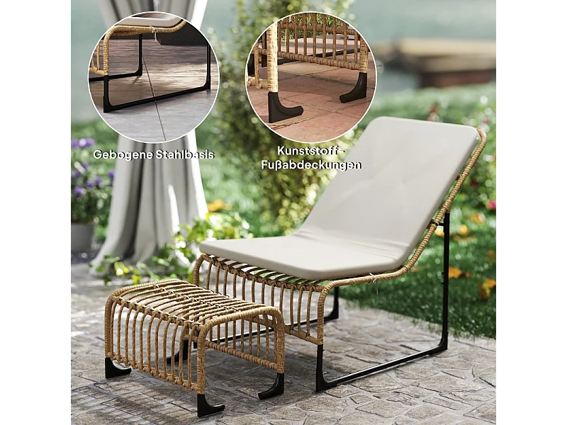 Fauteuil en rattan avec repose-pieds, résistant aux UV, fauteuil de jardin avec coussins, pour terrasse, balcon, bois naturel (93x65x80 cm)