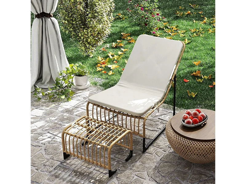Fauteuil en rattan avec repose-pieds, résistant aux UV, fauteuil de jardin avec coussins, pour terrasse, balcon, bois naturel (93x65x80 cm)