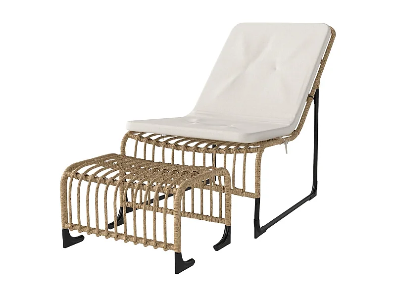 Rotan relaxfauteuil met voetenbank, UV-bestendig, tuinfauteuil met kussens, voor terras of balkon, natuurlijk hout (93x65x80 cm)