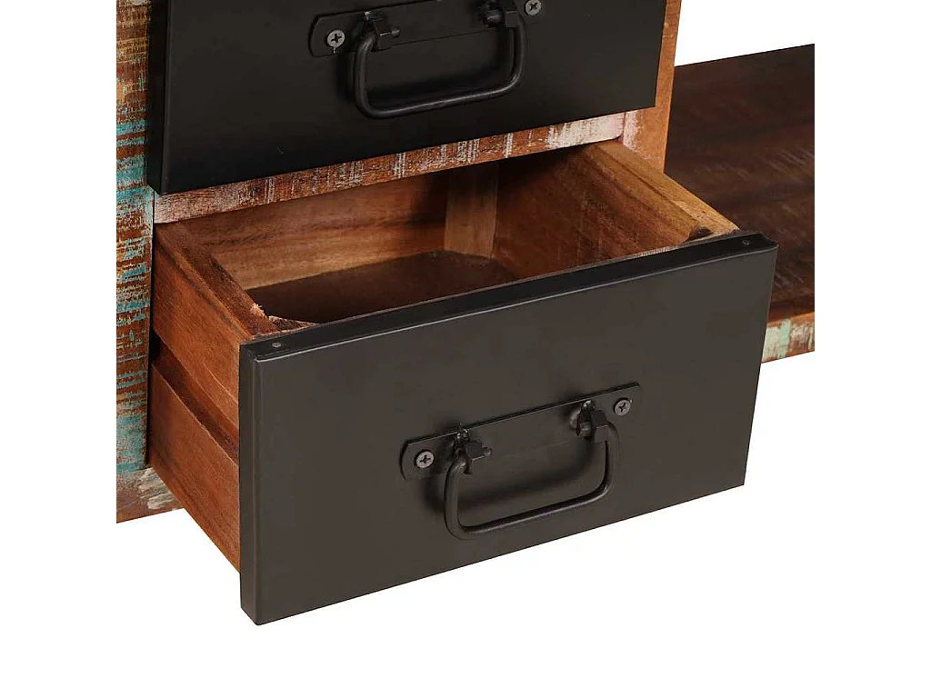 Veelkleurige opbergbank van massief gerecycled hout