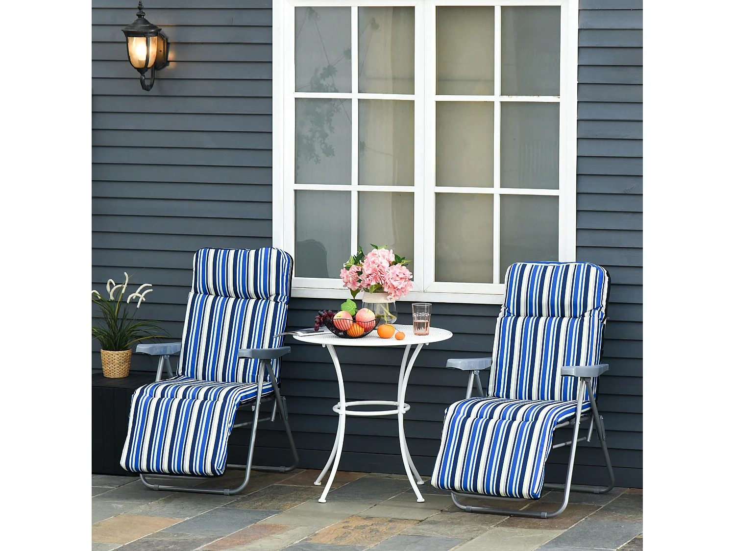 Lot de 2 chaises longues pliantes avec coussin, dossier réglable, acier et polyester, bleu (60x75x65-102cm)