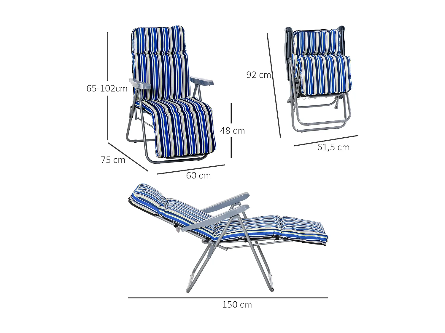 Lot de 2 chaises longues pliantes avec coussin, dossier réglable, acier et polyester, bleu (60x75x65-102cm)