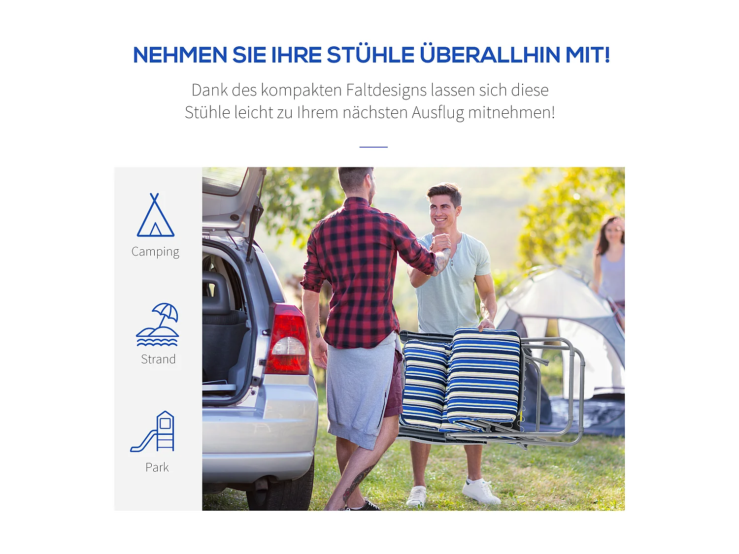 Lot de 2 chaises longues pliantes avec coussin, dossier réglable, acier et polyester, bleu (60x75x65-102cm)