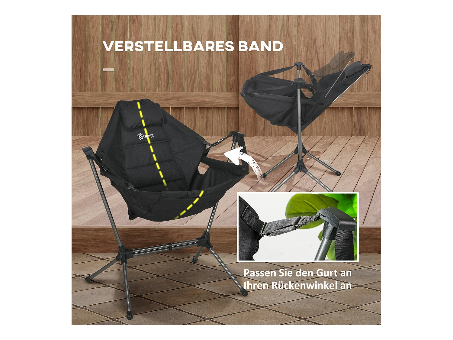 Chaise de camping pliante avec coussin intégré, cadre en aluminium, tissu Oxford, noir (54x100x101 cm)