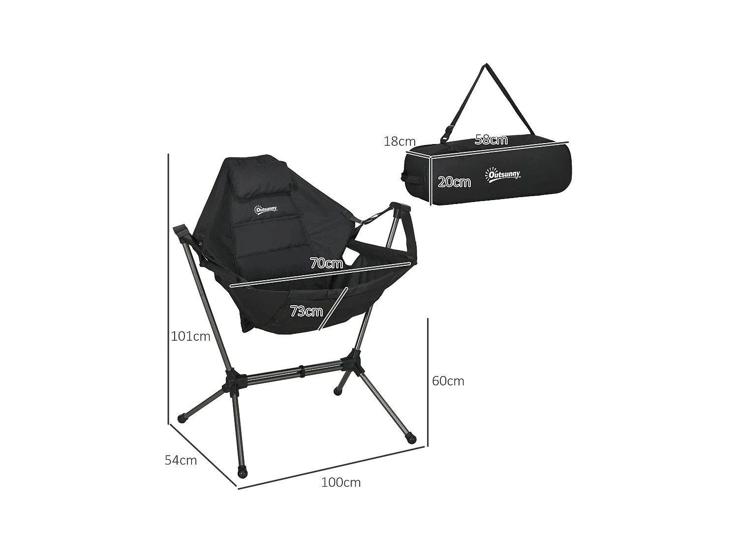 Chaise de camping pliante avec coussin intégré, cadre en aluminium, tissu Oxford, noir (54x100x101 cm)