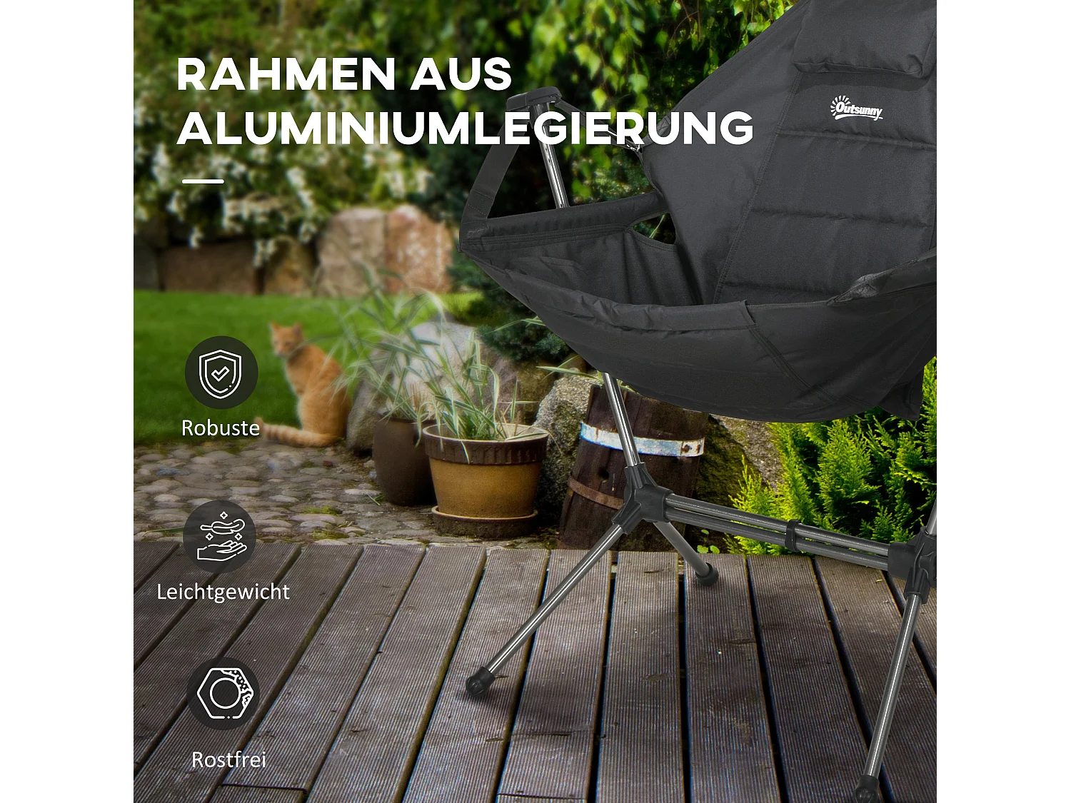 Chaise de camping pliante avec coussin intégré, cadre en aluminium, tissu Oxford, noir (54x100x101 cm)