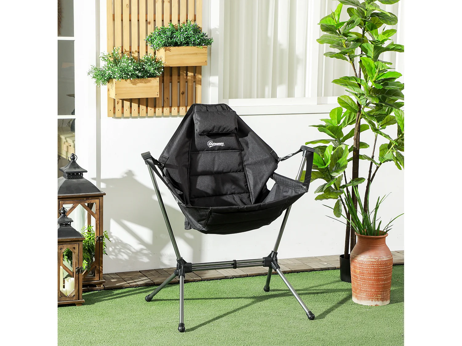 Chaise de camping pliante avec coussin intégré, cadre en aluminium, tissu Oxford, noir (54x100x101 cm)
