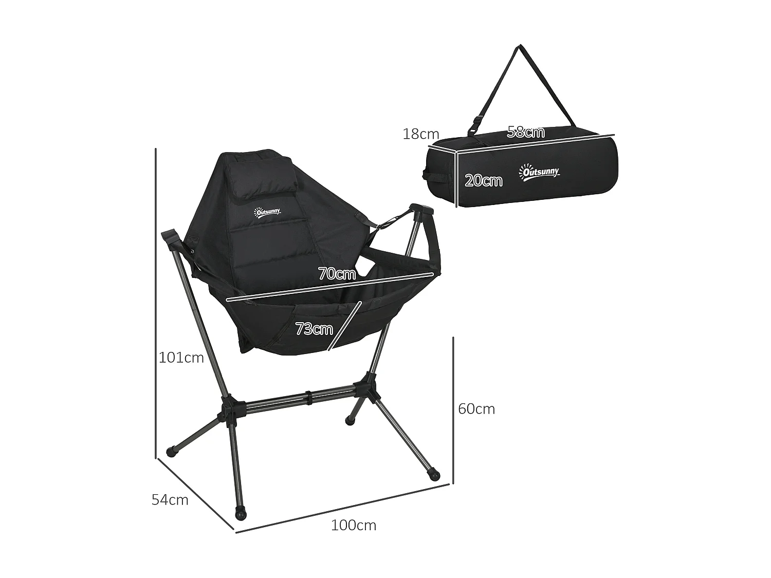 Chaise de camping pliante avec coussin intégré, cadre en aluminium, tissu Oxford, noir (54x100x101 cm)