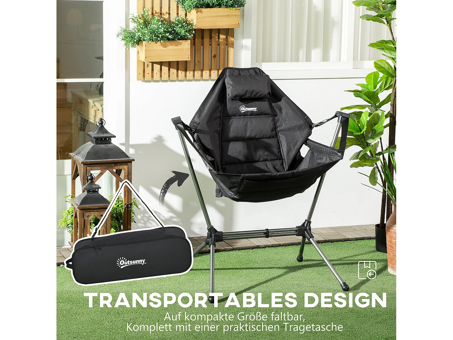 Chaise de camping pliante avec coussin intégré, cadre en aluminium, tissu Oxford, noir (54x100x101 cm)