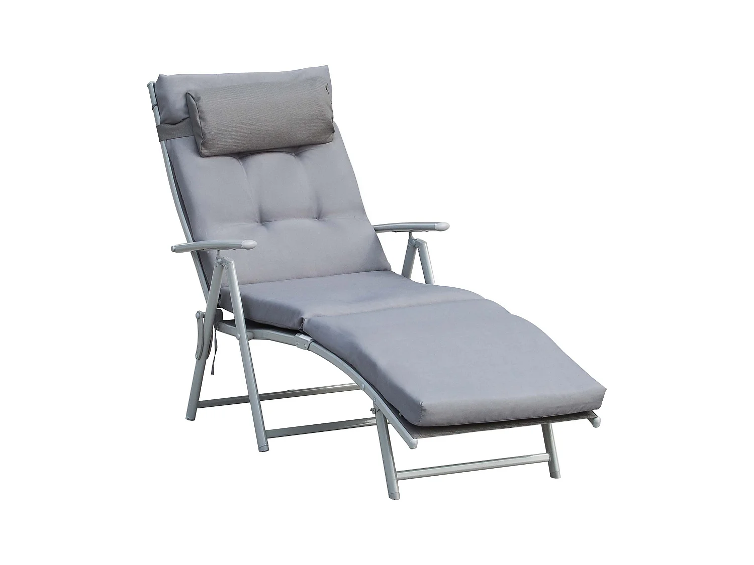 Chaise longue pliable réglable avec coussin, métal et tissu, grise (137x63.5x100.5cm)