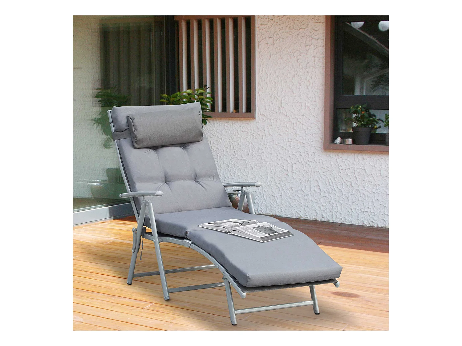 Chaise longue pliable réglable avec coussin, métal et tissu, grise (137x63.5x100.5cm)