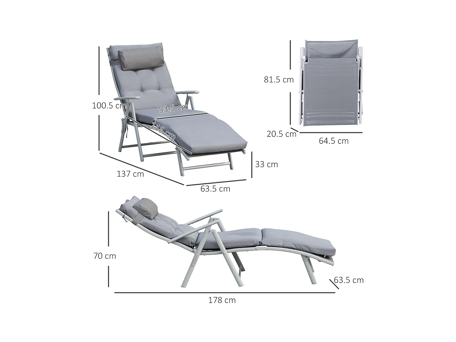 Chaise longue pliable réglable avec coussin, métal et tissu, grise (137x63.5x100.5cm)