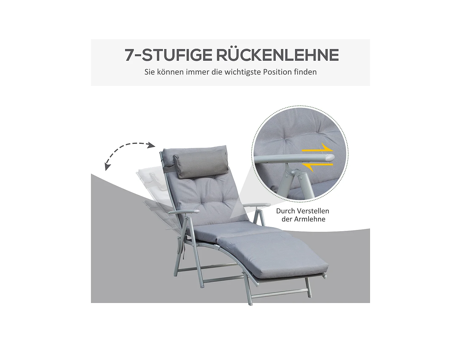 Chaise longue pliable réglable avec coussin, métal et tissu, grise (137x63.5x100.5cm)