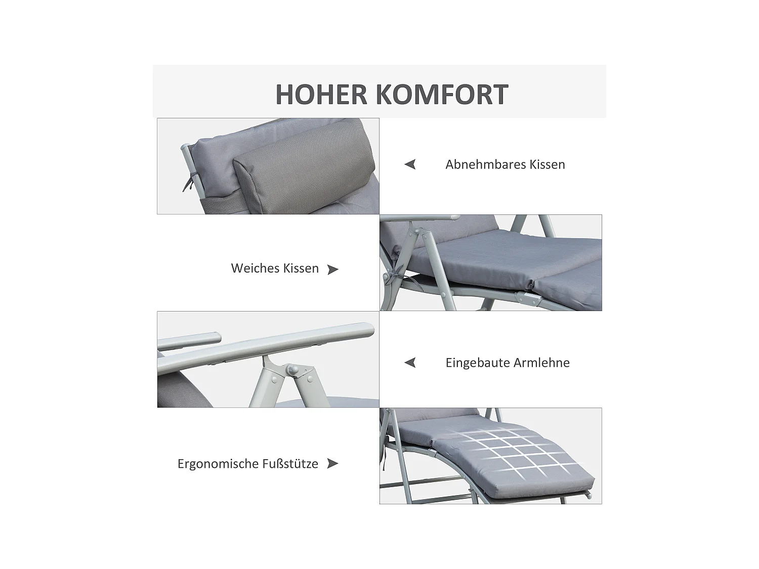 Chaise longue pliable réglable avec coussin, métal et tissu, grise (137x63.5x100.5cm)