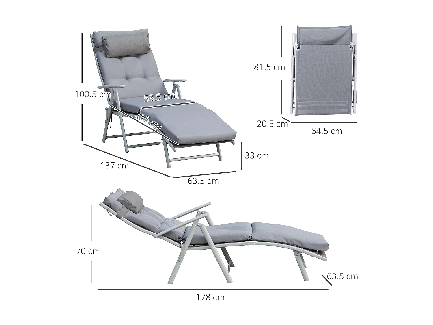 Chaise longue pliable réglable avec coussin, métal et tissu, grise (137x63.5x100.5cm)