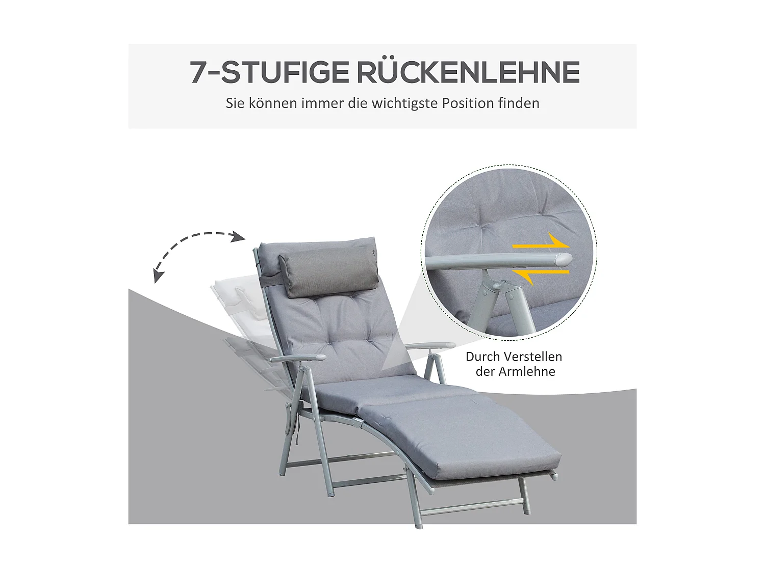 Chaise longue pliable réglable avec coussin, métal et tissu, grise (137x63.5x100.5cm)