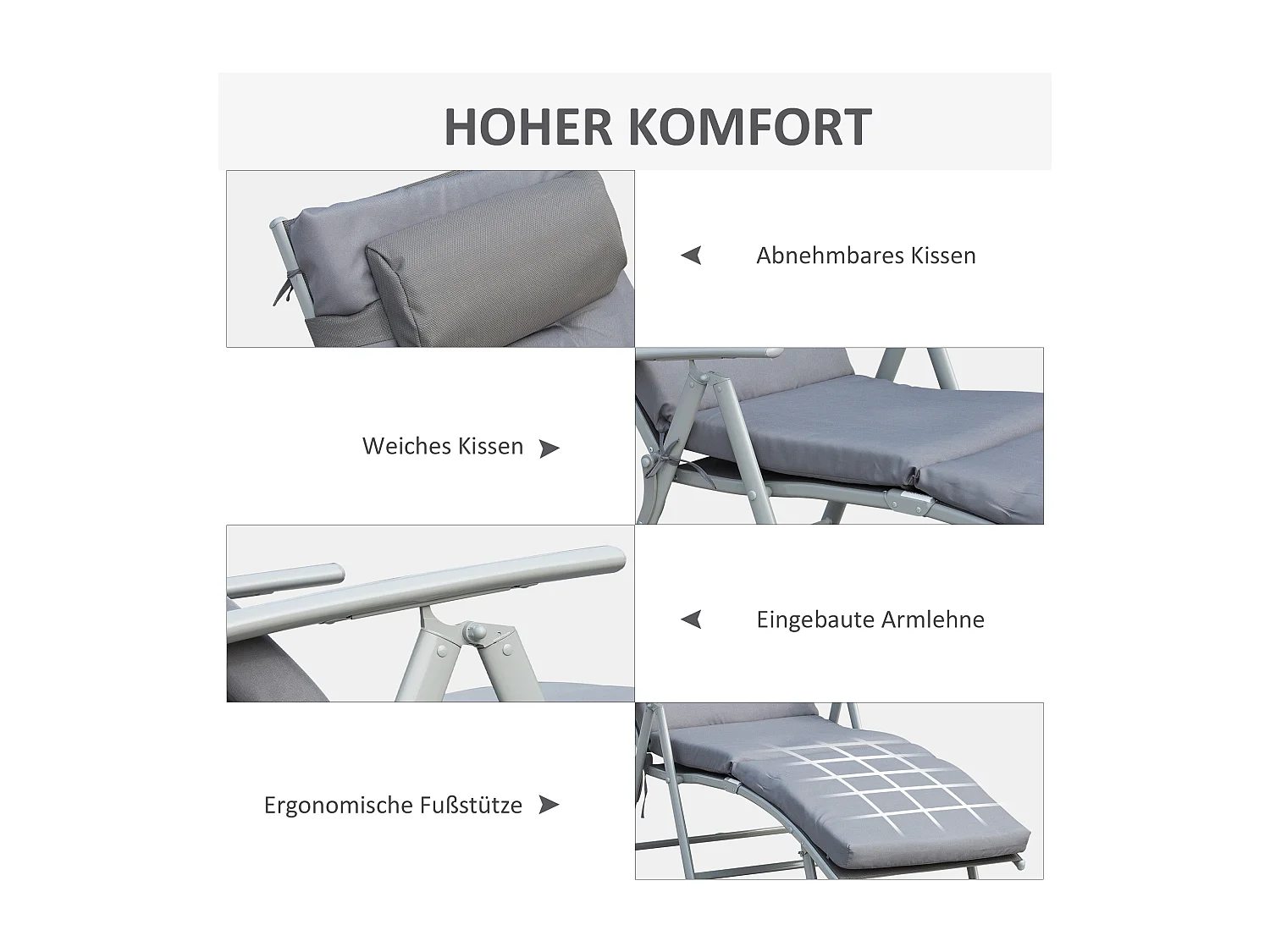 Chaise longue pliable réglable avec coussin, métal et tissu, grise (137x63.5x100.5cm)