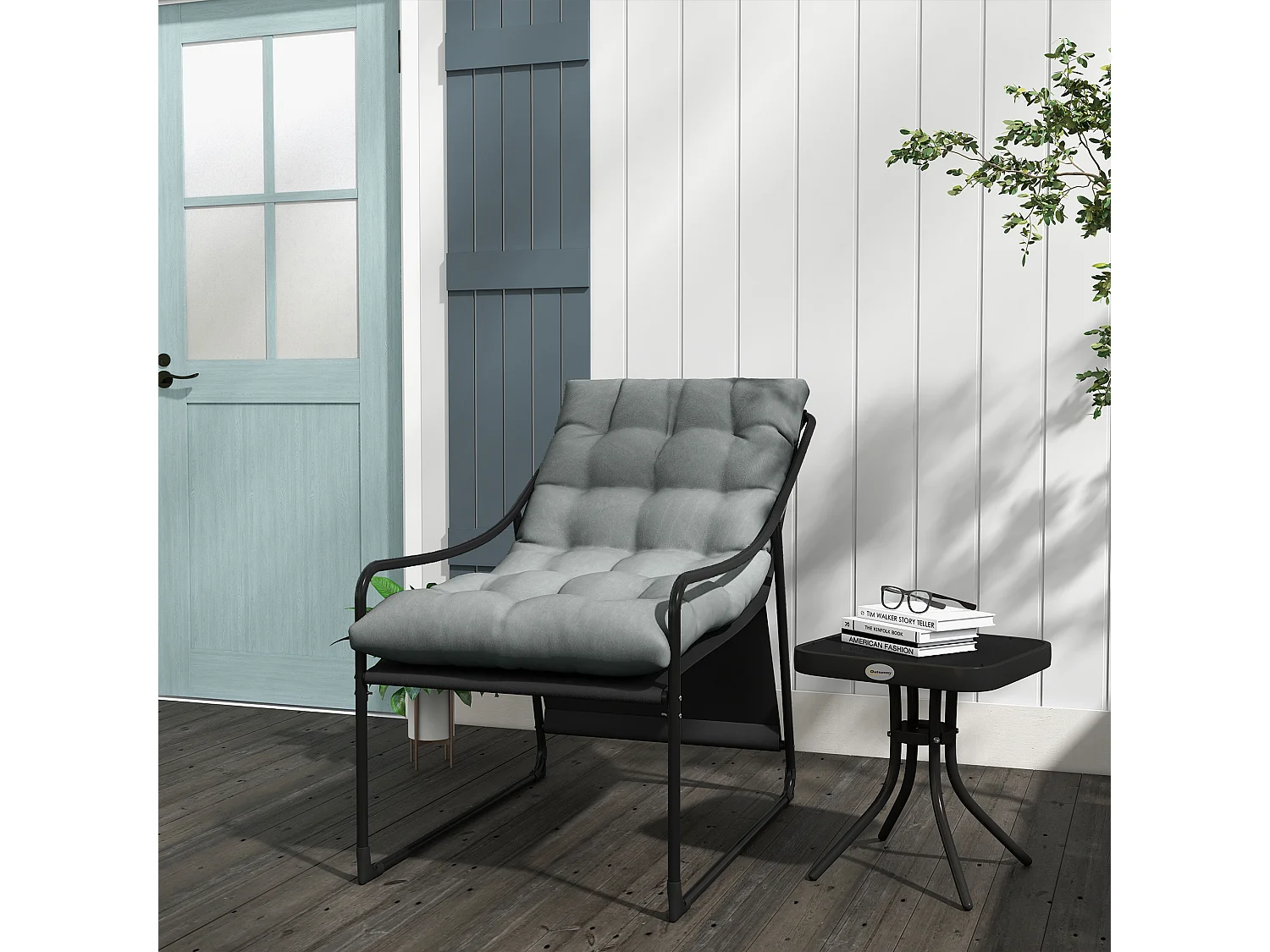 Sillón de jardín con cojín grueso, acero, gris (62x110x88 cm)