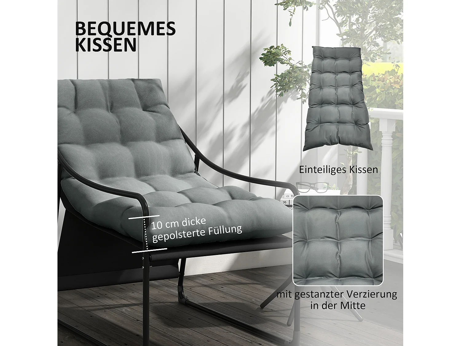 Sillón de jardín con cojín grueso, acero, gris (62x110x88 cm)