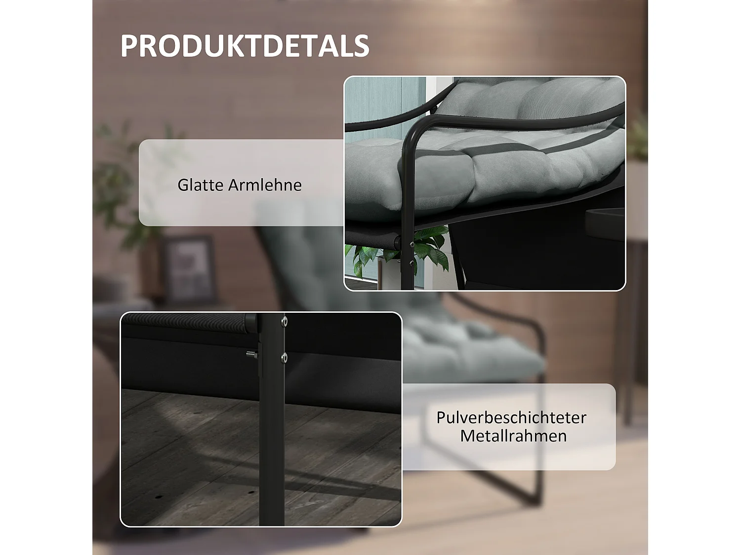 Sillón de jardín con cojín grueso, acero, gris (62x110x88 cm)