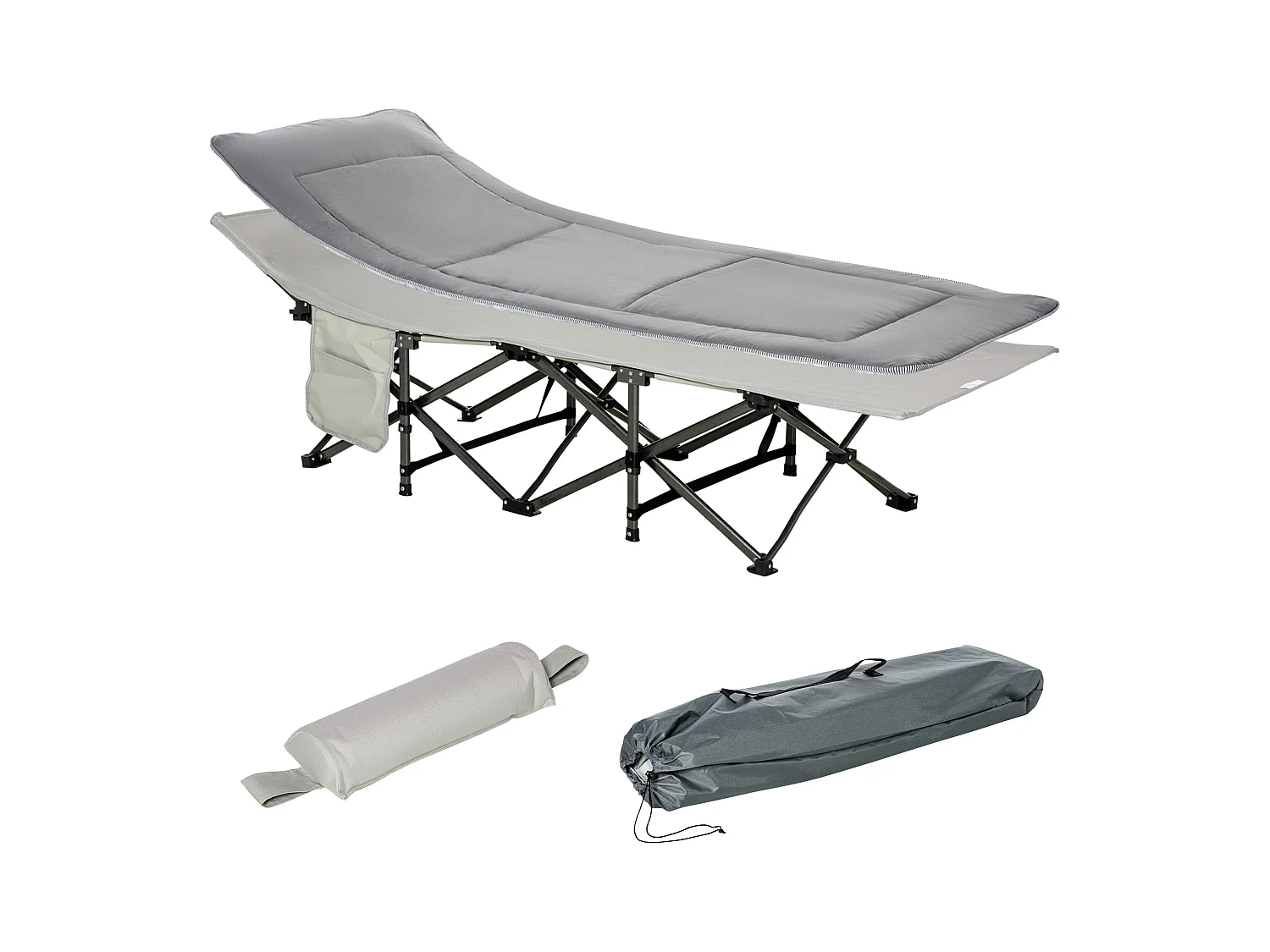 Lit de camping pliable avec oreiller, support jusqu'à 150 kg, tissu Oxford gris clair (188x64.5x53 cm)