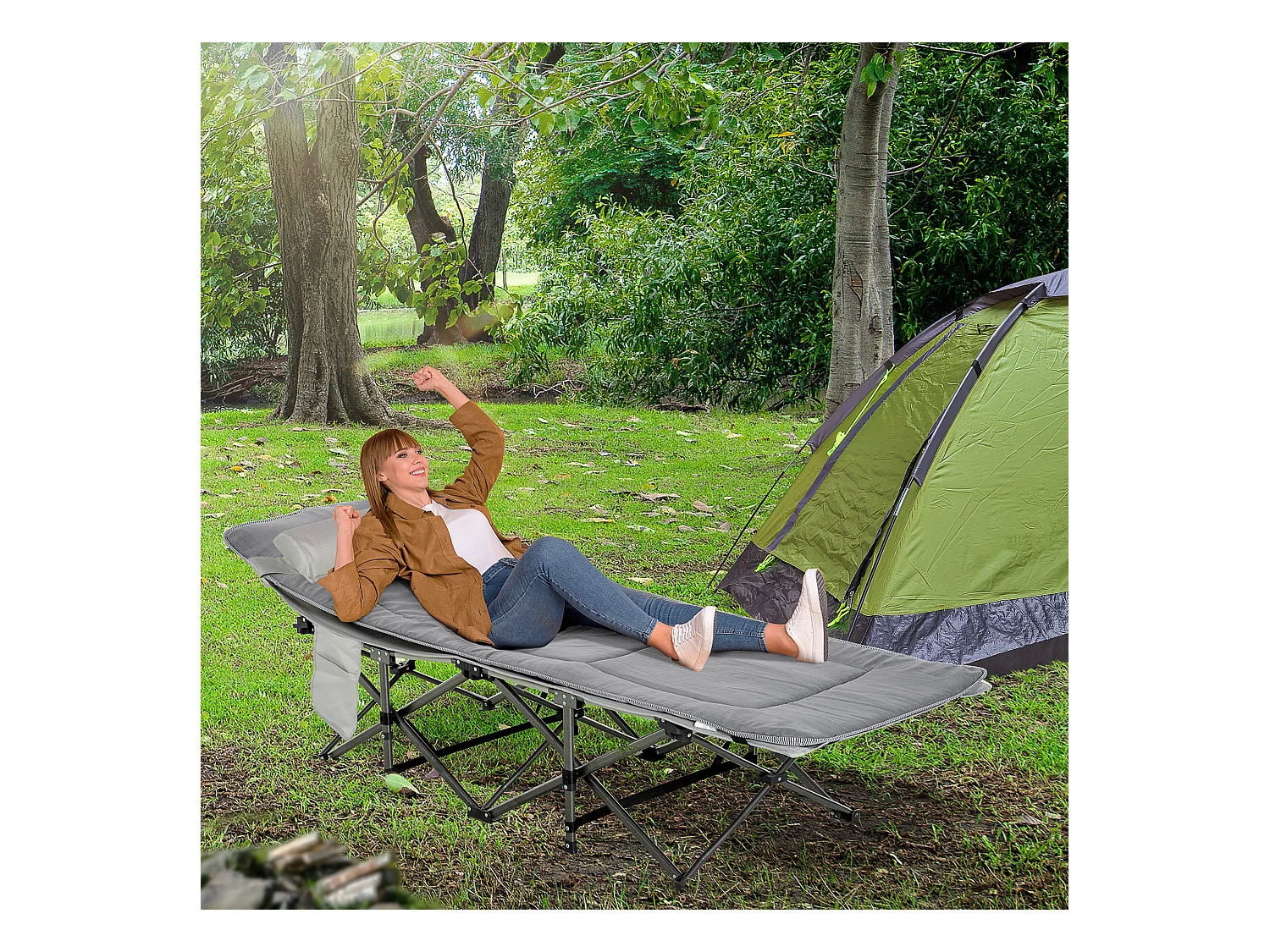 Lit de camping pliable avec oreiller, support jusqu'à 150 kg, tissu Oxford gris clair (188x64.5x53 cm)