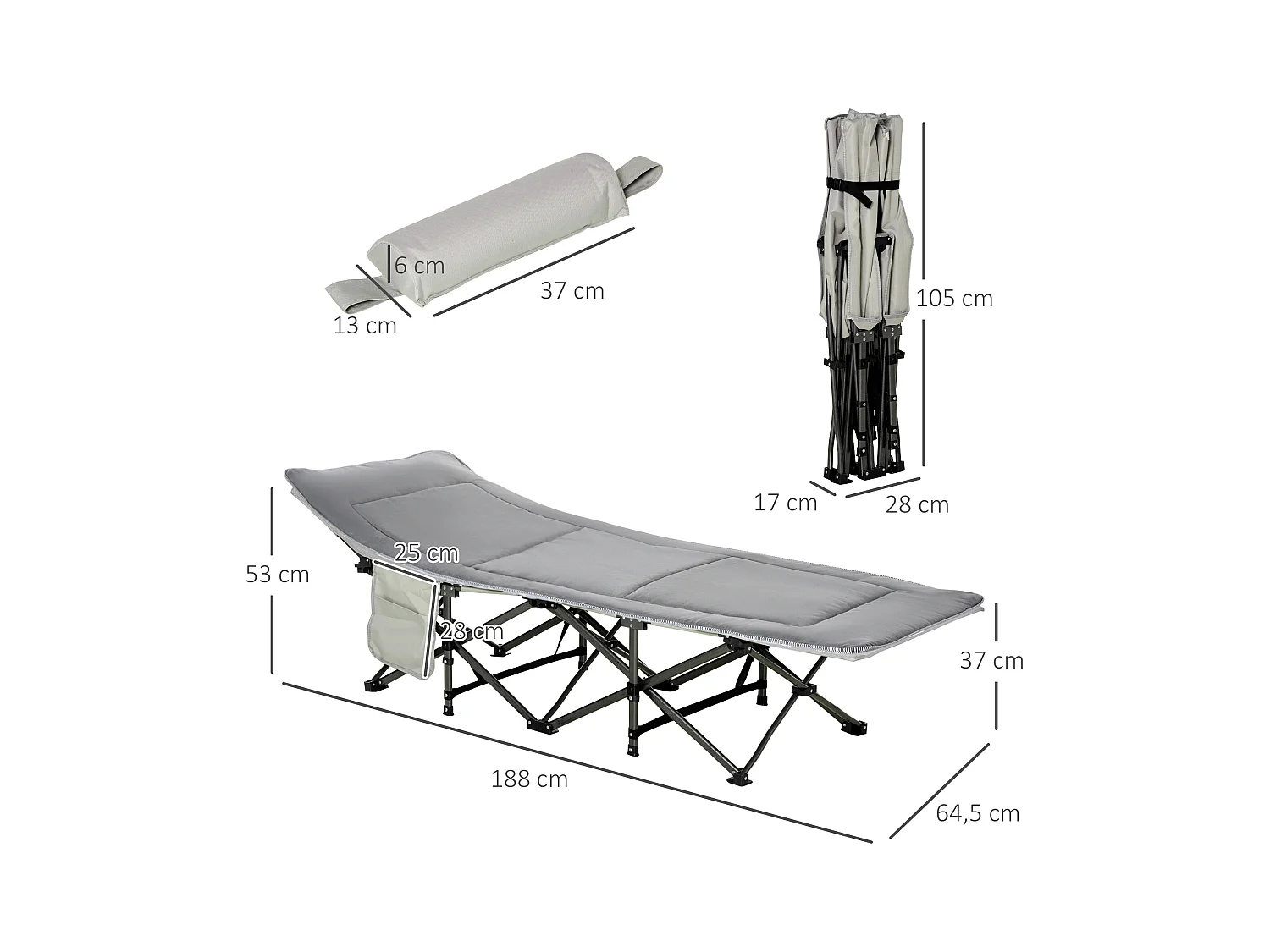 Lit de camping pliable avec oreiller, support jusqu'à 150 kg, tissu Oxford gris clair (188x64.5x53 cm)