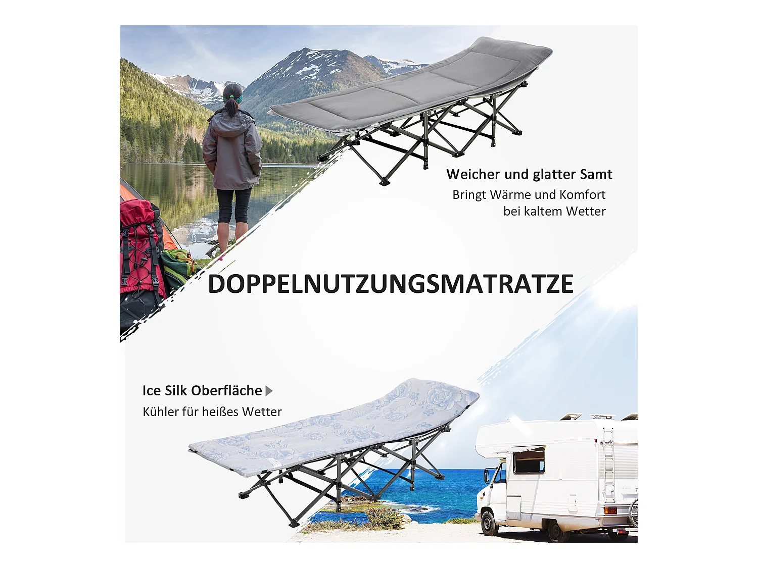 Lit de camping pliable avec oreiller, support jusqu'à 150 kg, tissu Oxford gris clair (188x64.5x53 cm)
