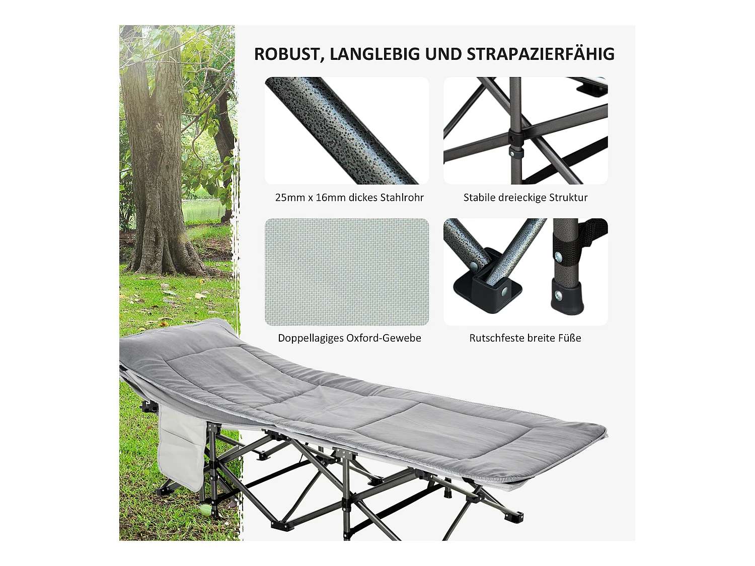 Lit de camping pliable avec oreiller, support jusqu'à 150 kg, tissu Oxford gris clair (188x64.5x53 cm)