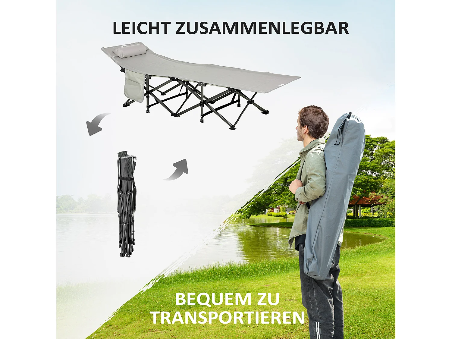 Lit de camping pliable avec oreiller, support jusqu'à 150 kg, tissu Oxford gris clair (188x64.5x53 cm)