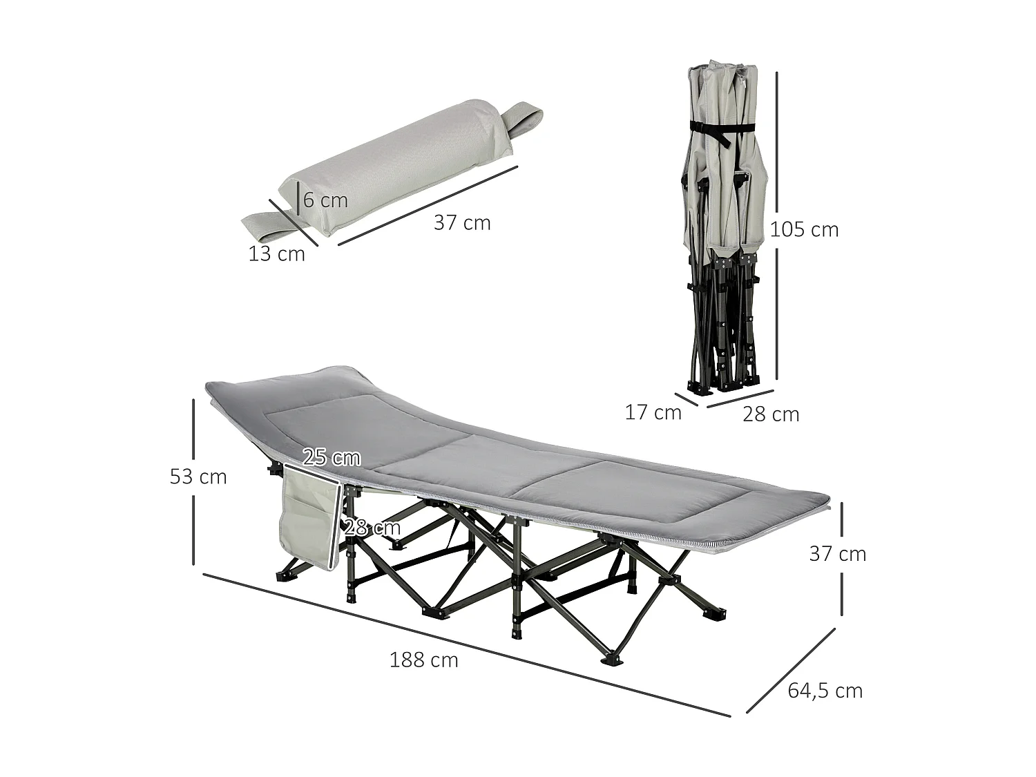 Lit de camping pliable avec oreiller, support jusqu'à 150 kg, tissu Oxford gris clair (188x64.5x53 cm)