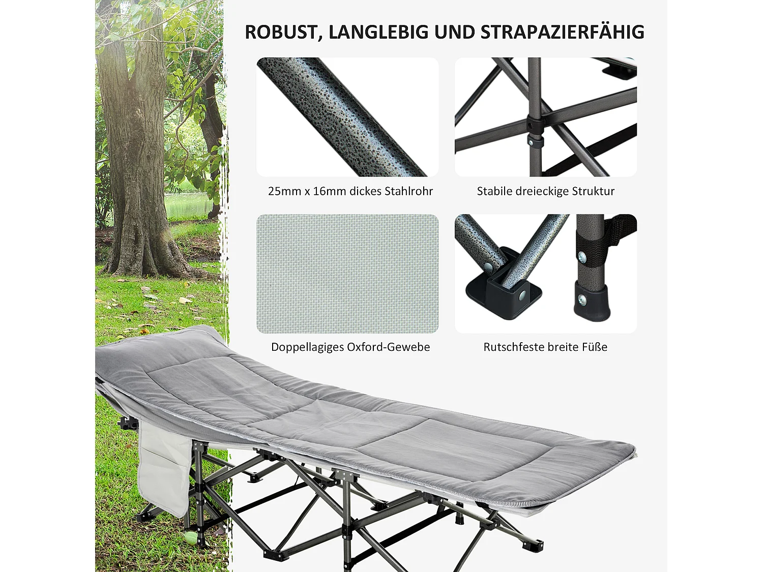 Lit de camping pliable avec oreiller, support jusqu'à 150 kg, tissu Oxford gris clair (188x64.5x53 cm)