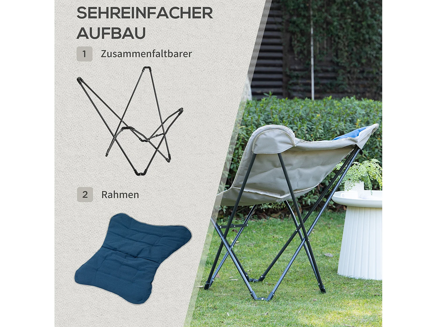 Chaise de camping pliante avec accoudoirs, polyester, bleu, légère et robuste (88x74x84cm)