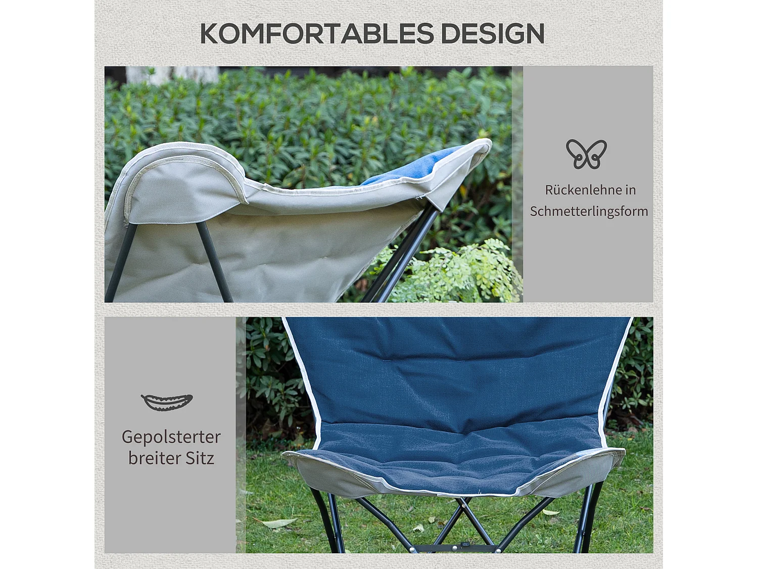 Chaise de camping pliante avec accoudoirs, polyester, bleu, légère et robuste (88x74x84cm)