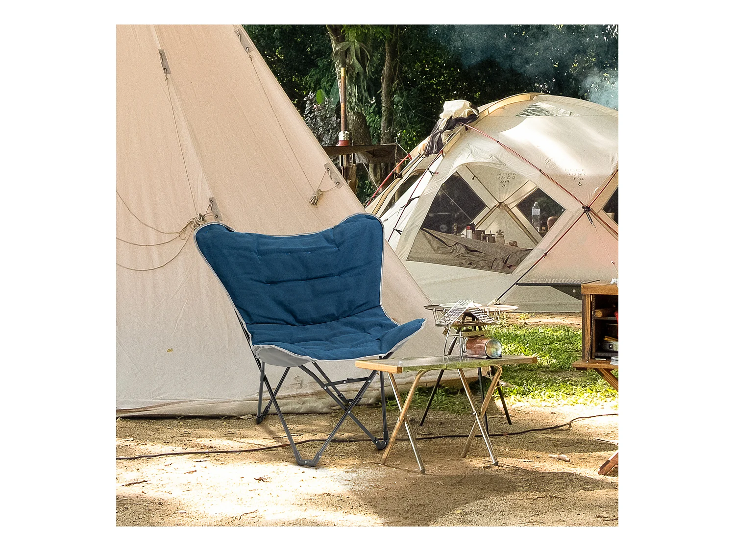 Chaise de camping pliante avec accoudoirs, polyester, bleu, légère et robuste (88x74x84cm)