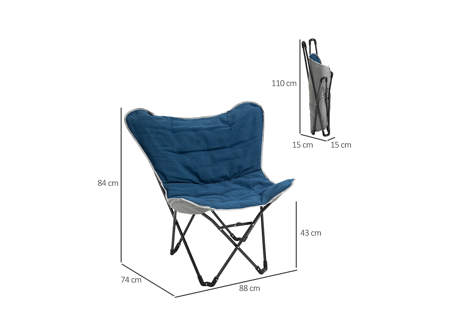 Chaise de camping pliante avec accoudoirs, polyester, bleu, légère et robuste (88x74x84cm)
