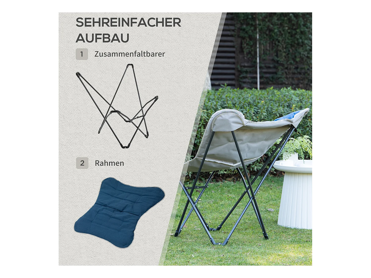 Chaise de camping pliante avec accoudoirs, polyester, bleu, légère et robuste (88x74x84cm)