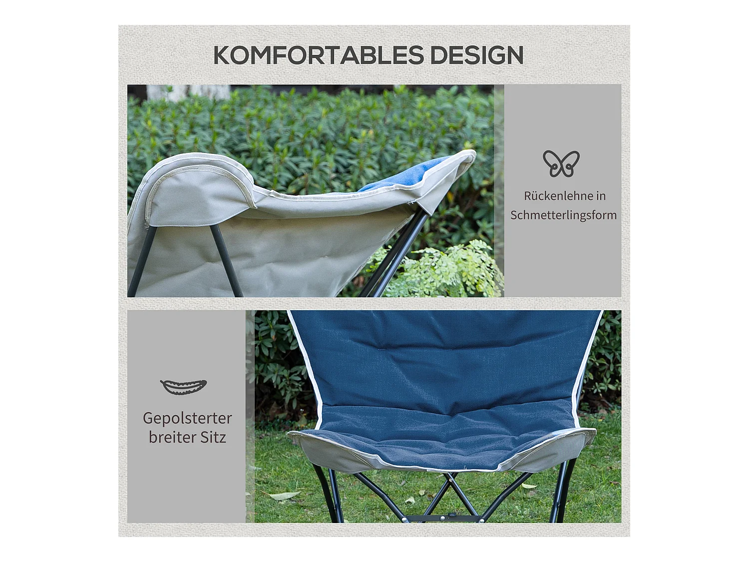 Chaise de camping pliante avec accoudoirs, polyester, bleu, légère et robuste (88x74x84cm)